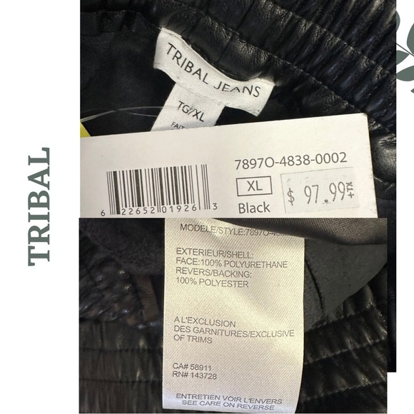 Tribal Vegan Leather Joggers Black Elastic Waist Size Extra Large - Picture 9 of 9